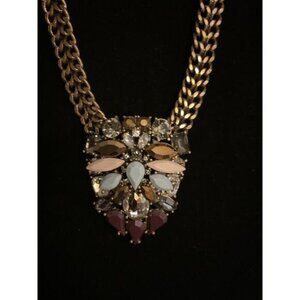 J Crew Art Deco Style Pink Blue Plum Crystal Resin Cluster Brass Chain Necklace